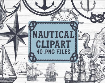 40 Nautical clip art images | ships, anchors, compass, kraken | Instant download clip art PNG