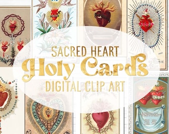 Twenty Vintage Sacred Heart Holy Cards | digital clip art | +/- 5 inch tall .png files | Antique Religious Ephemera