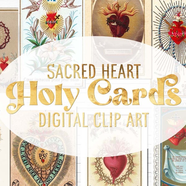 Zwanzig Vintage Sacred Heart Karten | digitale ClipArt | +/- 5 Zoll große .png Dateien | Antikes religiöses Ephemera