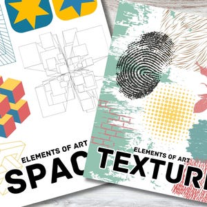 Puede incluir: Dos p&aacute;ginas de un cuaderno de dise&ntilde;o con las palabras "Elementos del arte" y "Espacio" en la p&aacute;gina izquierda y "Elementos del arte" y "Textura" en la p&aacute;gina derecha. La p&aacute;gina izquierda presenta formas geom&eacute;tricas y patrones en negro, blanco, azul, amarillo y rojo. La p&aacute;gina derecha presenta una variedad de texturas, incluyendo una huella digital, ladrillo, veta de madera y un patr&oacute;n floral.