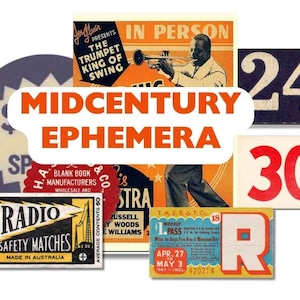 May include: A collection of vintage ephemera with the text "Midcentury Ephemera". Includes a jazz concert poster, matchbox, ticket, and number cards. The items feature a retro aesthetic with bold colors and typography.