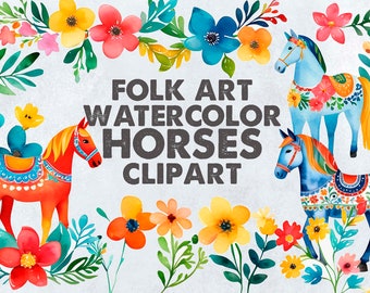 Watercolor folk art Horses | digital clip art | 300dpi .png files | Dala inspired | rainbow horses art