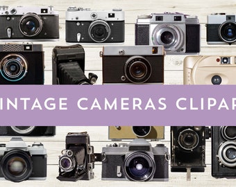 May include: A collection of vintage cameras in various styles and colors, including black, silver, and gold. The cameras are arranged on a white wooden background with the text "Vintage Cameras Clipart" displayed across the middle.