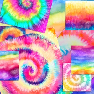 Op de afbeelding: Een digitaal papierpakket met 10 verschillende tie-dye patronen in verschillende kleuren, waaronder roze, blauw, geel en groen. De patronen zijn abstract en spiraalvormig, waardoor een psychedelisch effect ontstaat.