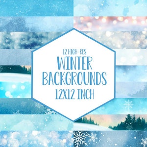 May include: Twelve high-resolution winter background images in a collage. Each image features a different winter scene with snowflakes, blurred lights, and a blue and white color scheme. The images are 12x12 inches.