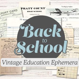 Puede incluir: Un collage de efímeras educativas vintage, que incluye boletines de calificaciones, tarjetas de biblioteca y documentos escolares. La imagen presenta el texto "Back to School" en una fuente estilizada, con "Vintage Education Ephemera" debajo.