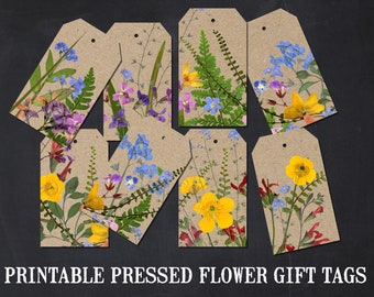 Etiquetas imprimibles con flores prensadas reales / Papel de regalo floral / Etiquetas de regalo con motivos naturales / Fondo kraft