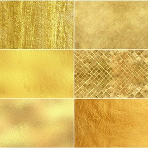 May include: A collage of six different gold textures. The textures include a brushed gold, a smooth gold, a mosaic gold, a hammered gold, a textured gold, and a rough gold.