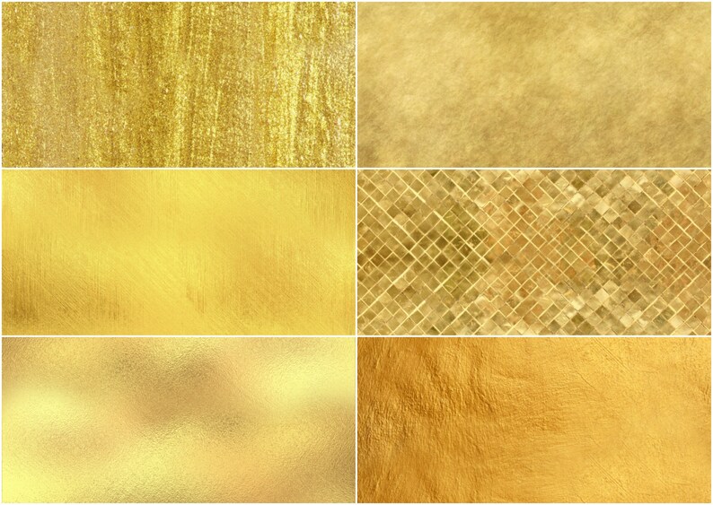 May include: A collage of six different gold textures. The textures include a brushed gold, a smooth gold, a mosaic gold, a hammered gold, a textured gold, and a rough gold.