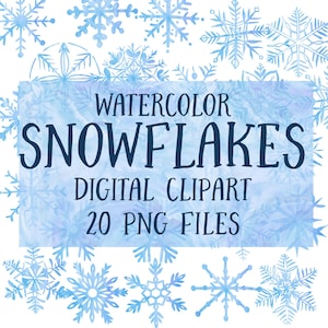 May include: Watercolor snowflakes digital clipart in shades of blue. The image features a collection of hand-painted snowflakes in various designs, with the text "Watercolor Snowflakes Digital Clipart 20 PNG Files". The background is a light blue watercolor wash.