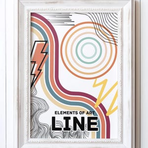 Puede incluir: Una impresi&oacute;n enmarcada en blanco con un dise&ntilde;o abstracto colorido que presenta l&iacute;neas curvas, c&iacute;rculos y zigzags. El texto "Elements of Art LINE" est&aacute; impreso en la parte inferior de la impresi&oacute;n.