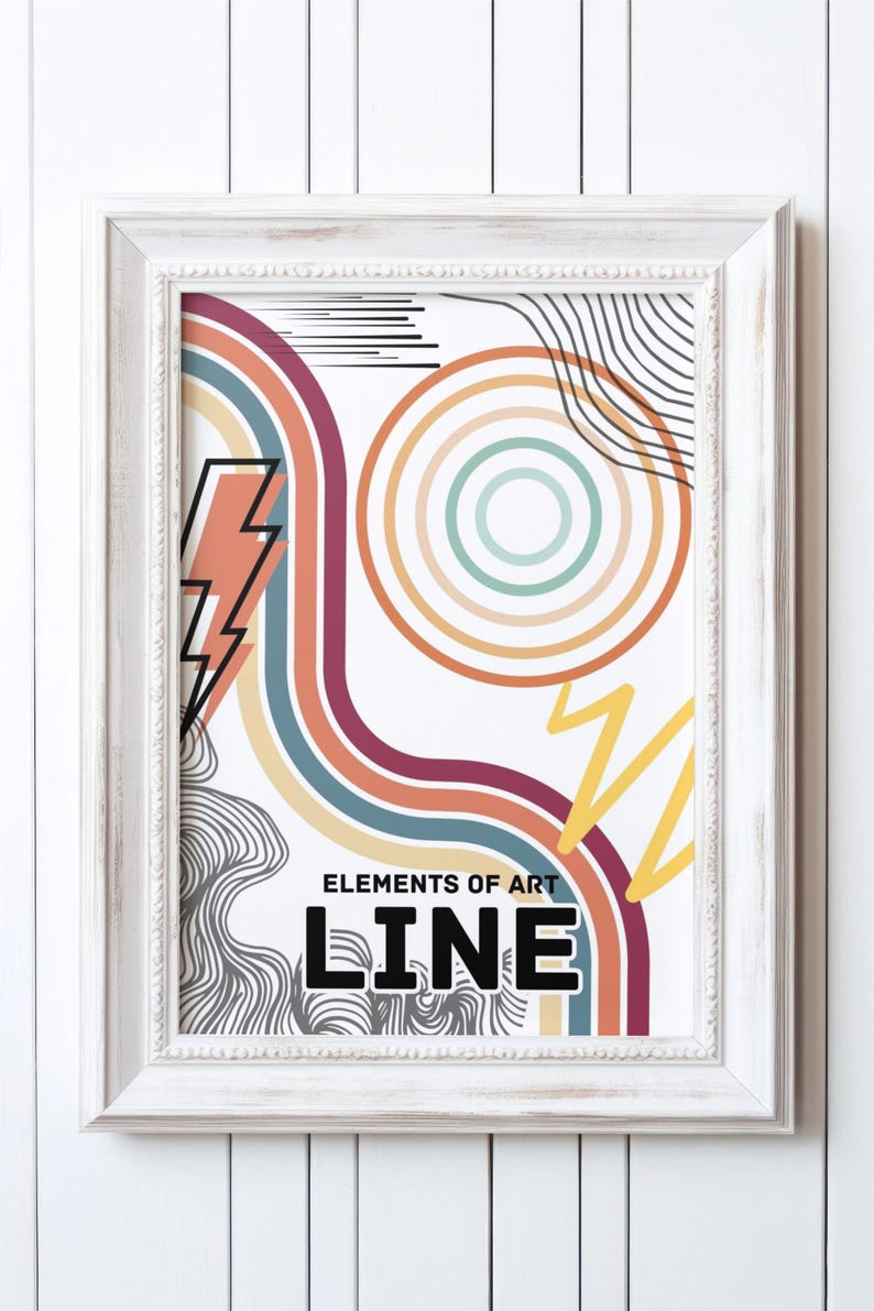 Puede incluir: Una impresi&oacute;n enmarcada en blanco con un dise&ntilde;o abstracto colorido que presenta l&iacute;neas curvas, c&iacute;rculos y zigzags. El texto "Elements of Art LINE" est&aacute; impreso en la parte inferior de la impresi&oacute;n.