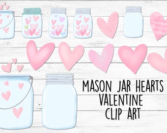 Hand drawn Valentine Mason Jar hearts clip art with FREE 12x12 digital paper backgrounds | digital clip art | 300dpi .png files