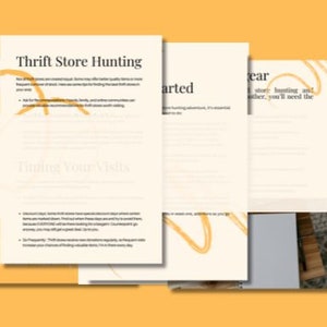 Op de afbeelding: Een gids voor het jagen op koopjes in kringloopwinkels met tips over het juiste moment voor je bezoeken en het vinden van de beste deals. De tekst bevat de koppen "Thrift Store Hunting" en "Timing Your Visits".