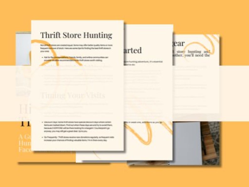 Op de afbeelding: Een gids voor het jagen op koopjes in kringloopwinkels met tips over het juiste moment voor je bezoeken en het vinden van de beste deals. De tekst bevat de koppen "Thrift Store Hunting" en "Timing Your Visits".