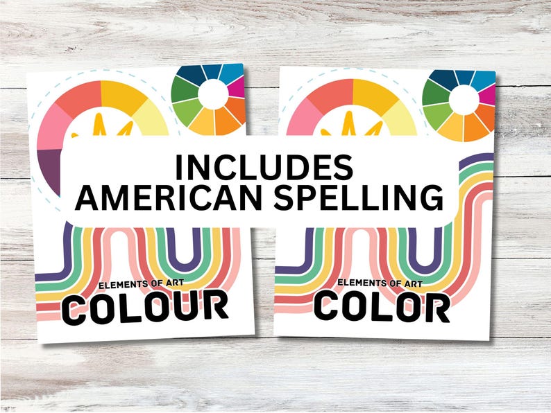 Puede incluir: Dos carteles imprimibles con dise&ntilde;os de arco&iacute;ris y ruedas de colores. Los carteles presentan el texto "Elementos del arte" y la palabra "color" escrita en ingl&eacute;s americano y brit&aacute;nico.