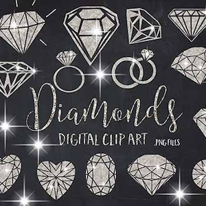 Silver Diamond Clip Art: Sparkly Crystal Gems (PNG Digital Download)