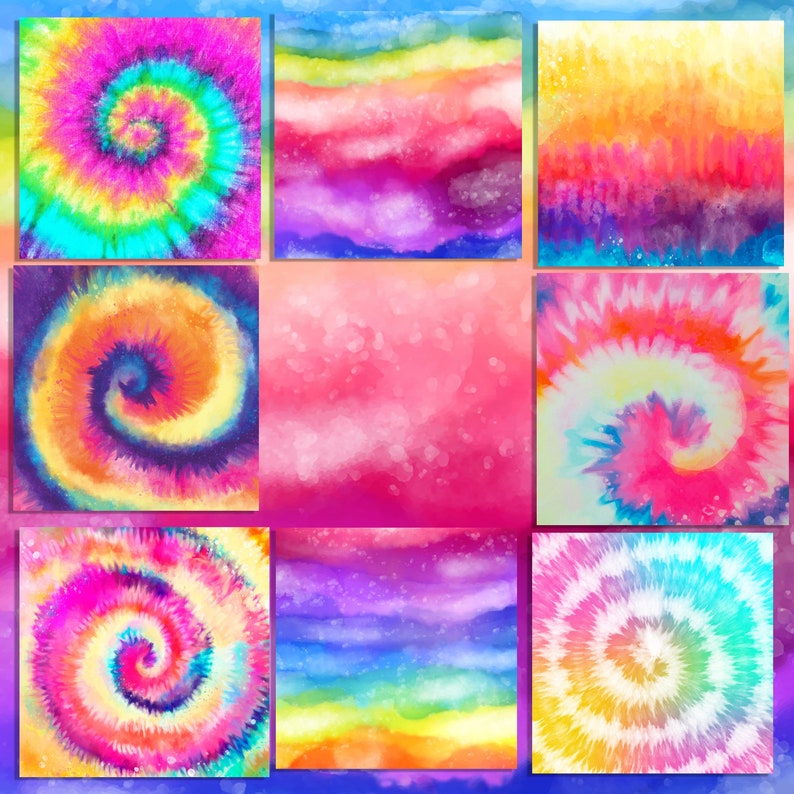 Op de afbeelding: Negen kleurrijke digitale papieren ontwerpen met tie-dye patronen en aquarel achtergronden. De ontwerpen zijn in tinten roze, blauw, geel, orange en groen.