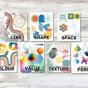Puede incluir: Seis tarjetas coloridas con las palabras "L&iacute;nea", "Forma", "Espacio", "Color", "Valor", "Textura" y "Forma" impresas en ellas. Cada tarjeta presenta un conjunto diferente de formas y dise&ntilde;os abstractos relacionados con el elemento del arte que representa.