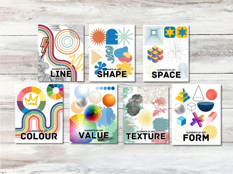 Puede incluir: Seis tarjetas coloridas con las palabras "L&iacute;nea", "Forma", "Espacio", "Color", "Valor", "Textura" y "Forma" impresas en ellas. Cada tarjeta presenta un conjunto diferente de formas y dise&ntilde;os abstractos relacionados con el elemento del arte que representa.