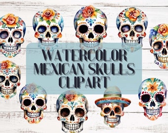Ten watercolor Mexican Skulls | digital clip art | +/- 8 inch tall .png files | Watercolor Calavera | Sugar Skulls clipart