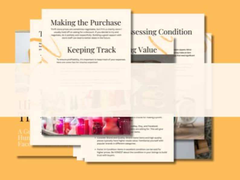 Op de afbeelding: Een gids voor het doorverkopen van items op Etsy om winst te maken. De gids bevat tips voor het beoordelen van de conditie, het bijhouden van uitgaven en het doen van de aankoop. De afbeelding toont een close-up van een verscheidenheid aan kleurrijke glazen flessen.