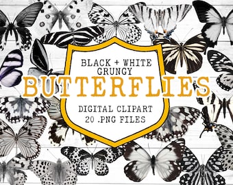 Grungy Butterfly Clipart: Black and White Junk Journal Images (20 PNG Files)