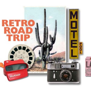 Puede incluir: Un collage temático de viaje por carretera retro con un View-Master rojo, una cámara vintage, un letrero de motel y una etiqueta de viaje. La imagen incluye una ilustración de cactus y las palabras "Retro Road Trip" en naranja.