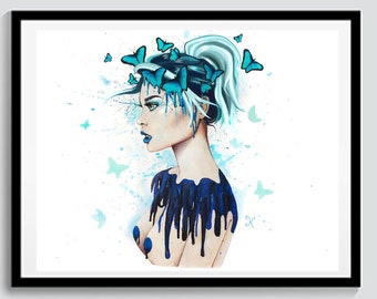 Depression Art Print, Emotional Art, Female Art Print, Fantasy Art Print, Mental Health Print, Butterfly Art, Blue Painting, Butterfly Decor