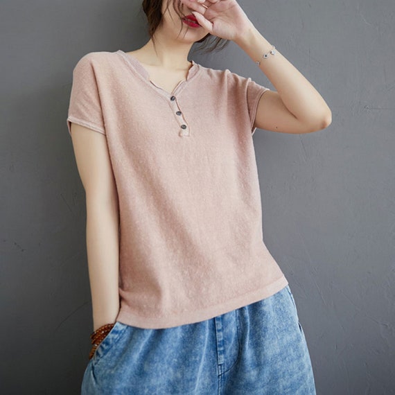 Hemp Tshirt Women Short Sleeve Henley 
