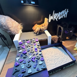 May include: A climbing wall training board with various purple, gray, and white climbing holds. A wooden driftwood piece sits on a platform. The word "WRAITH" is displayed on the black wall. The text "MARIA CHAOS" is on a sand tray.