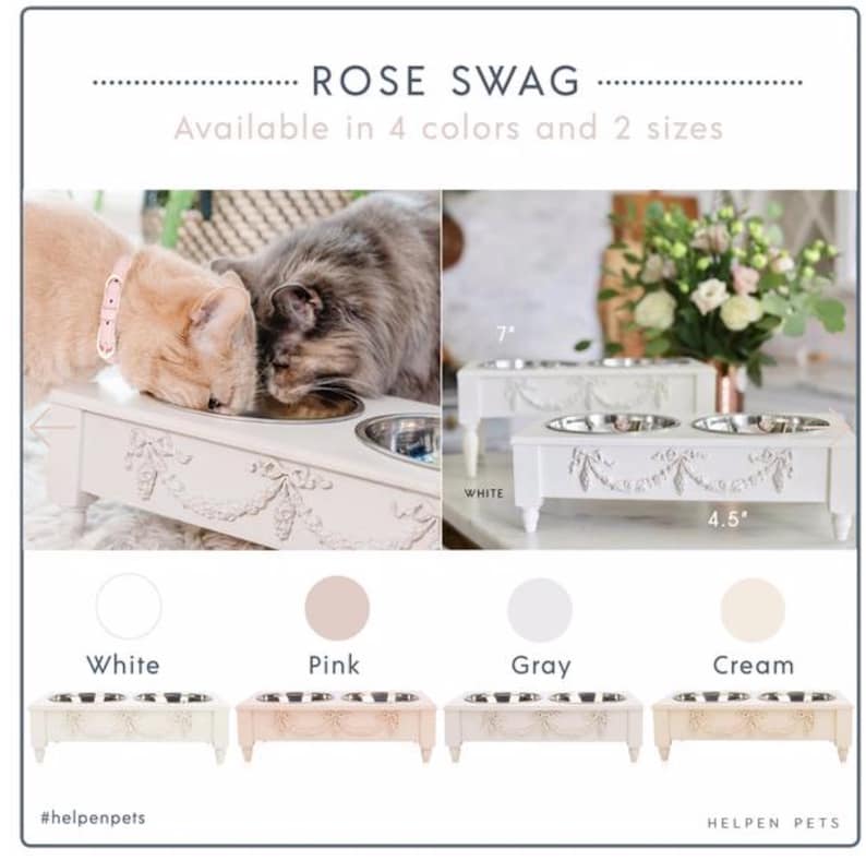 Pu&ograve; includere:  ciotole per cibo per animali domestici in ceramica bianca, rosa, grigia e crema con un design a ghirlanda di rose. Le ciotole sono rialzate su un supporto con quattro gambe. Il supporto &egrave; disponibile in due dimensioni: 17,8 cm e 11,4 cm. #helpenpets