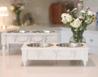 Elevated Luxury Pet Feeder Dog Cat  | HUMAN GRADE Stainless Bowls |Raised Feeding Stand White or Pink | Shabby Cottage Chic