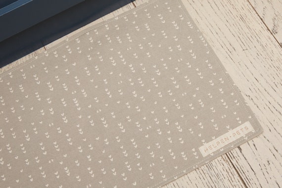 Small ORGANIC Canvas Pet Food Mat LOVE Printed Heart Non-Toxic Dyes Pink, Gray, Taupe Dog Cat