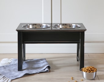 10-in Rustic FARMHOUSE Elevated Pet Feeder Dog Cat HUMAN Grade Stainless Steel Raised Bowls Natural, White, Black or Gray