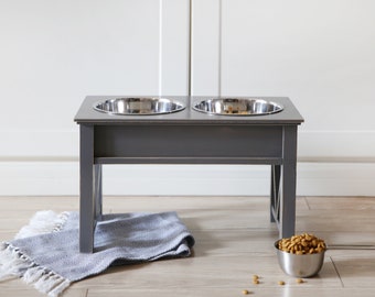 10-in Rustic FARMHOUSE Elevated Pet Feeder Dog Cat HUMAN Grade Stainless Steel Raised Bowls Natural, White, Black or Gray