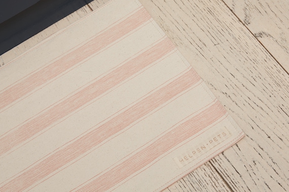 Small ORGANIC Canvas Pet Food Mat LINE Printed Non-Toxic Dyes Pink, Gray, Taupe Dog Cat
