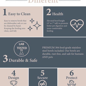 Pu&ograve; includere: Infografica illustrata che evidenzia sei vantaggi delle ciotole per animali domestici rialzate: facili da pulire, salutari, resistenti e sicure, design, sicure e protettive. L'infografica presenta icone e testo che descrivono ogni vantaggio.