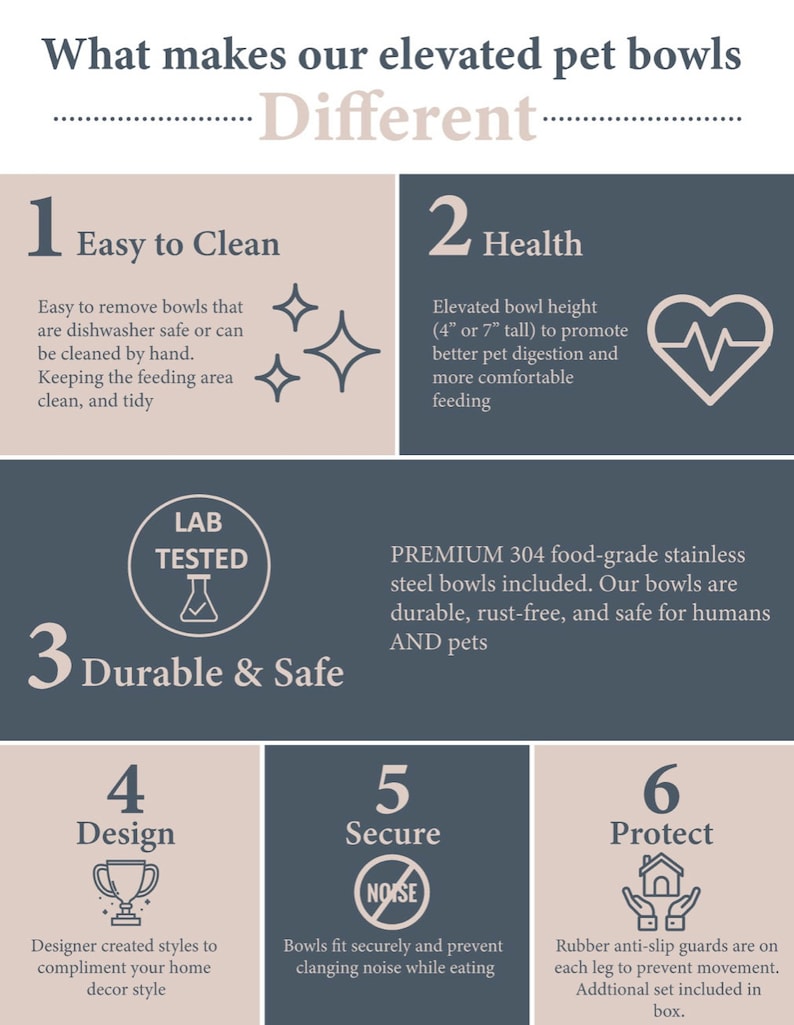 Pu&ograve; includere: Infografica illustrata che evidenzia sei vantaggi delle ciotole per animali domestici rialzate: facili da pulire, salutari, resistenti e sicure, design, sicure e protettive. L'infografica presenta icone e testo che descrivono ogni vantaggio.