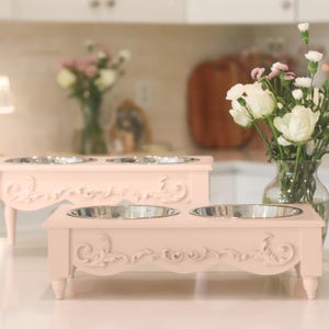 Farmhouse Chic Dog or Cat Elevated Pet Feeder | HUMAN GRADE Stainless Bowl | 4 or 7 inch Raised Feeding Stand In White Pink Gray Cream Black