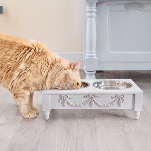 Farmhouse Elevated CAT Feeder | Raised Feeding Stand Bowls | White, Pink, Gray or Cream | Shabby Cottage Chic