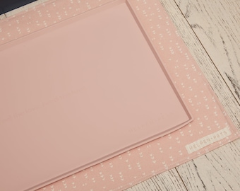 Large ORGANIC Canvas Pet Food Mat LOVE Heart Printed Non-Toxic Dyes Pink, Gray, Taupe Dog Cat Food Bowl Rug Placemat Pet Gift Washable Chic