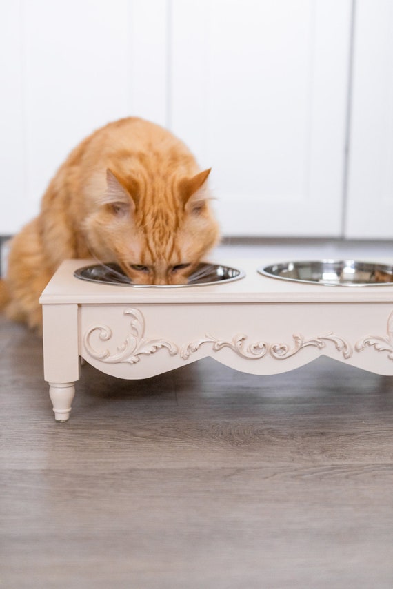 Farmhouse Chic Elevated CAT Food Bowls Raised Dog Pet Feeder Stand in  White, Pink, Gray or Cream 