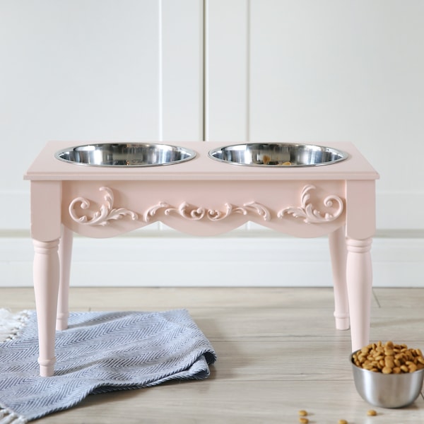 Farmhouse Chic Dog or Cat Elevated Pet Feeder | HUMAN GRADE Stainless Bowl | 10-inch Raised Feeding Stand In White or Soft Pink