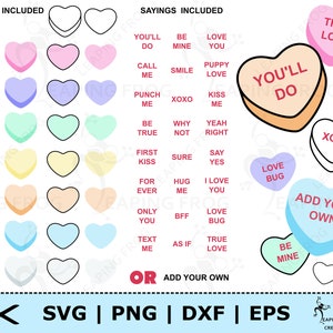 Süßigkeits-Herzen SVG. PNG. Mix & Match! Cricut Cut Files, Silhouette, Dateien mit Ebenen. Valentinstag, Konversationsherzen, DXF, Sofortdownload