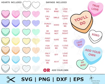 Candy Hearts SVG. PNG. Mix & Match! Cricut Cut Files, Silhouette, layered files. Valentine's Day, Conversation hearts, DXF, Instant Download