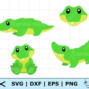 May include: Four digital clip art images of green cartoon alligators with black eyes. The alligators are in different poses, including a full body, a head only, and a sitting pose.