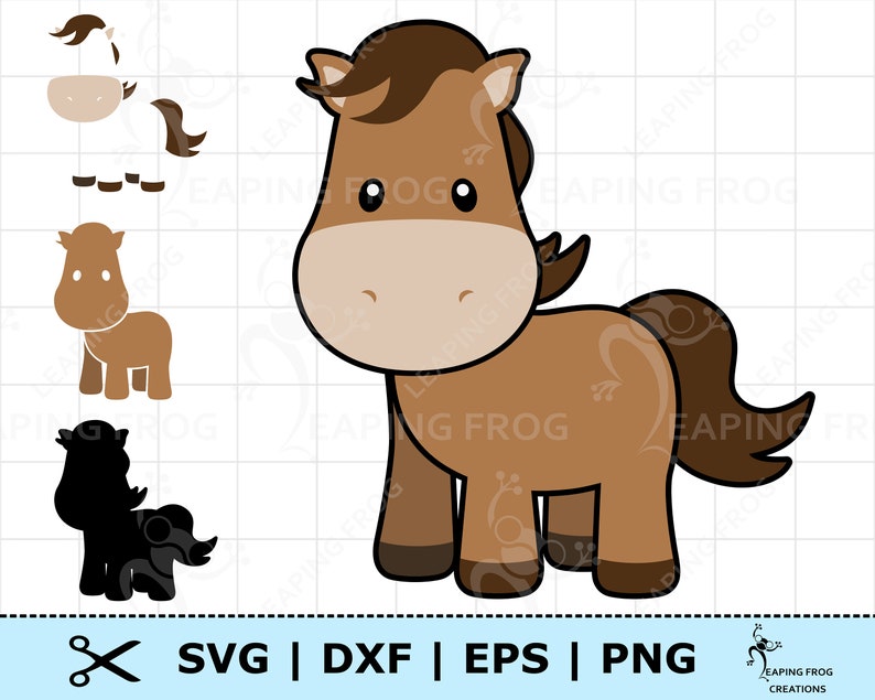 May include: A brown cartoon horse with a brown mane and tail. The horse has a simple, friendly face with large eyes and a small smile. The horse is standing on all four legs with its tail curled up.
