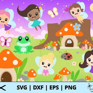 Op de afbeelding: Een digitale illustratie van een fantasierijke feeëntuin met feeën, paddenstoelen, een kikker en vlinders. De feeën hebben vleugels en dragen jurken. De paddenstoelen zijn rood en wit met witte stippen. De kikker is groen met grote ogen. De vlinders zijn paars en roze met zwarte stippen.