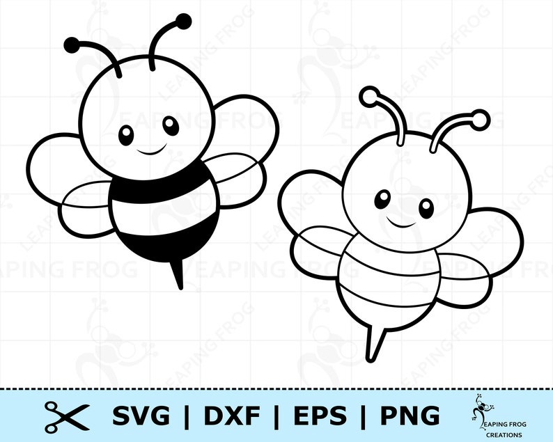 Cute Bumblebee SVG PNG DXF eps. Cricut Cut files, Silhouette. Black and White Outline. Bee coloring page. Bee Clipart image 1